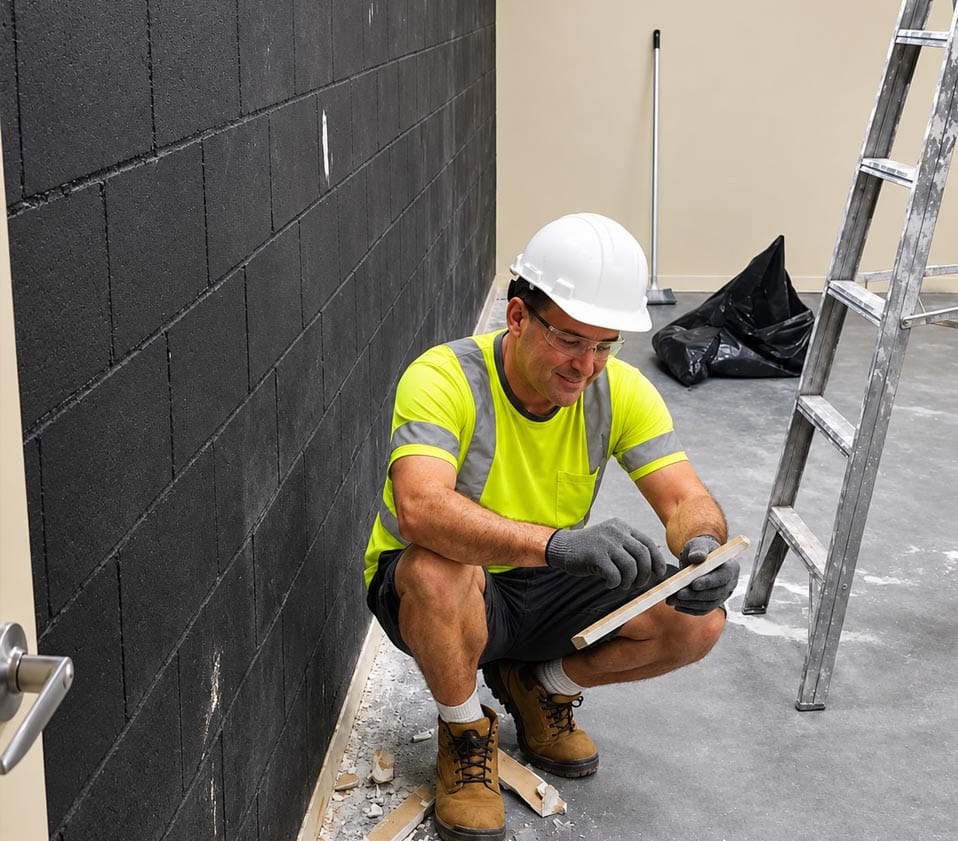 An experienced waterproofing technician inspects baseboard materials and concrete joinery during a subterranean wall remediation project