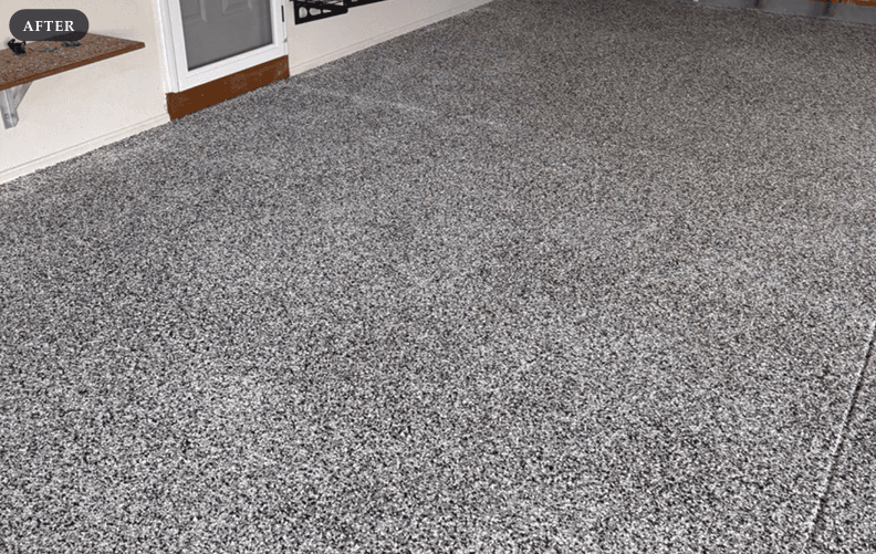 The completed garage floor, uniform and defect free, with the grey waterproofing coat visible on the lower brickwork at the perimeter. The completed garage floor, uniform and defect free, with the grey waterproofing coat visible on the lower brickwork at the perimeter.